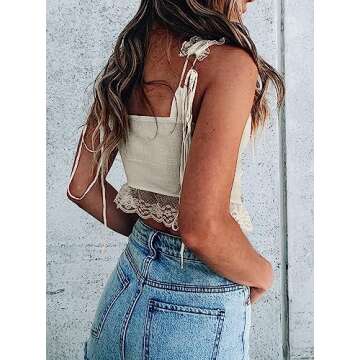 CSDAJIO Women's Sexy Sleeveless Lace Tirm Open Front Tie Up Crop Top Asymmetrical Hem Tank Shirt Beige Small