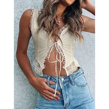 CSDAJIO Women's Sexy Sleeveless Lace Tirm Open Front Tie Up Crop Top Asymmetrical Hem Tank Shirt Beige Small