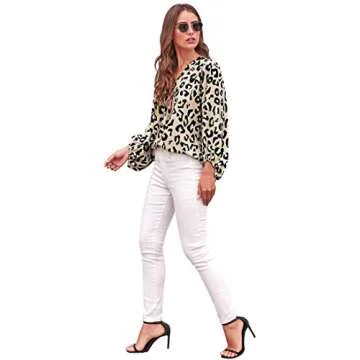 Angerella Womens Cute Tops Long Sleeve Loose Casual Shirt Workout V Neck Blouses Leopard,M