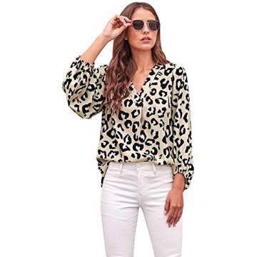 Angerella Womens Cute Tops Long Sleeve Loose Casual Shirt Workout V Neck Blouses Leopard,M