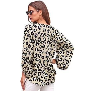 Angerella Womens Cute Tops Long Sleeve Loose Casual Shirt Workout V Neck Blouses Leopard,M