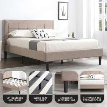 Decoro Mornington Upholstered Wood 2.0 Platform Full Size Bed Frame, Queen, Linen