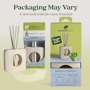 Enviroscent Non-Toxic Air Freshener for Home (Rainwater & Bamboo) Essential Oil Diffuser | Air Freshener + Room Freshener Home Fragrance Last Over 30 Days, 1 Mango Wood Stand & 1 Scent Stix Refill Kit