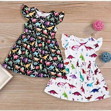 Happy Town Kids Baby Girls Dinosaur Dress Clothes Fly Ruffle Sleeve Dinosaur Tutu Skirt Sundress Summer Casual Dress (White, 5-6 Years)