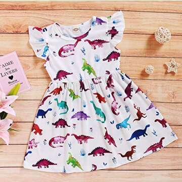 Happy Town Kids Baby Girls Dinosaur Dress Clothes Fly Ruffle Sleeve Dinosaur Tutu Skirt Sundress Summer Casual Dress (White, 5-6 Years)