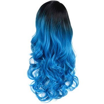 beauty youth 22 inch Blue Ombre Wigs With Dark Roots Long Wavy Heat Resistant Synthetic Black And Bl...