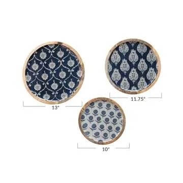 Creative Co-Op Enameled Mango Wood Trays with Floral Pattern, Blue, Set of 3