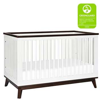 Babyletto Scoot 3-in-1 Convertible Crib with Toddler Bed Conversion Kit in White and Walnut, Greenguard Gold Certified