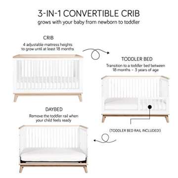 Babyletto Scoot 3-in-1 Convertible Crib with Toddler Bed Conversion Kit in White and Walnut, Greenguard Gold Certified