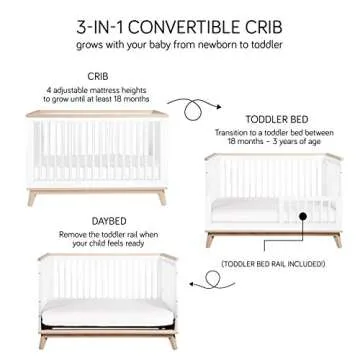 Babyletto Scoot 3-in-1 Convertible Crib with Toddler Bed Conversion Kit in White and Walnut, Greenguard Gold Certified