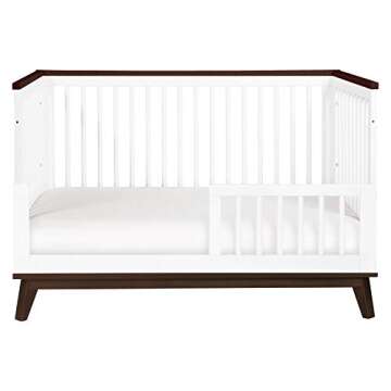 Babyletto Scoot 3-in-1 Convertible Crib with Toddler Bed Conversion Kit in White and Walnut, Greenguard Gold Certified
