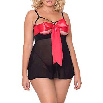 JuicyRose Women Unwrap Me Lingerie Sets Sleepwear, Valentines Day Gifts for Him Babydoll Chemise (Black, 2XL)