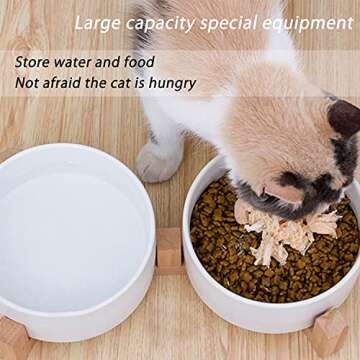 Petygooing Dog Bowls,White Ceramic Cat Dog Bowl Set with Wood Stand for Food and Water Feeder, Moder...