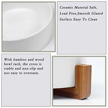 Petygooing Dog Bowls,White Ceramic Cat Dog Bowl Set with Wood Stand for Food and Water Feeder, Modern Pet Dish Set for Cats and Small Size Dogs Puppy (13.5OZ/5.1 in)