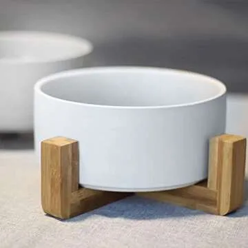 Petygooing Dog Bowls,White Ceramic Cat Dog Bowl Set with Wood Stand for Food and Water Feeder, Modern Pet Dish Set for Cats and Small Size Dogs Puppy (13.5OZ/5.1 in)