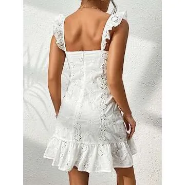 WDIRARA Women's Boho Backless Knot Ruffle Hem High Waist Trim Hallow Out Mini Dress White S