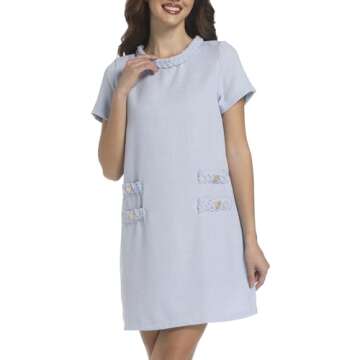 Tweed Jackie Dresses for Women Short Sleeves Crew Neck A-line Party Elegant Vintage Work Shift Mini Dress 2024 Blue
