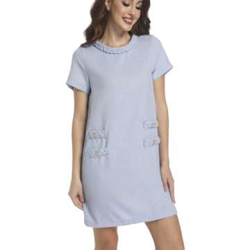 Tweed Jackie Dresses for Women Short Sleeves Crew Neck A-line Party Elegant Vintage Work Shift Mini Dress 2024 Blue