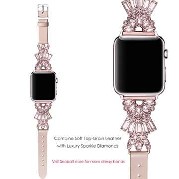 Secbolt Band Compatible with Apple Watch Band 42mm 44mm 45mm iWatch SE Series 9/8/7/6/5/4/3/2/1, Top Grain Leather with Bling Crystal Diamonds Wristband Strap Accessories Women, Pink Large