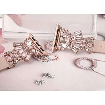 Secbolt Band Compatible with Apple Watch Band 42mm 44mm 45mm iWatch SE Series 9/8/7/6/5/4/3/2/1, Top Grain Leather with Bling Crystal Diamonds Wristband Strap Accessories Women, Pink Large