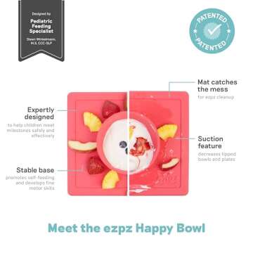 ezpz Happy Bowl - 24 Months + (Coral) - 100% Silicone Suction Bowl with Built-in Placemat – Dishwasher Safe