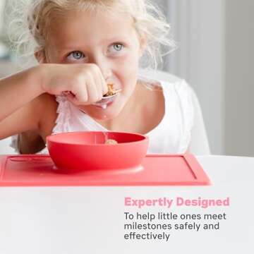 ezpz Happy Bowl - 24 Months + (Coral) - 100% Silicone Suction Bowl with Built-in Placemat – Dishwasher Safe