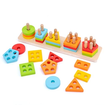 WOOD CITY Wooden Sorting & Stacking Toy, Shape Sorter Toys for Toddlers, Montessori Color Recognitio...