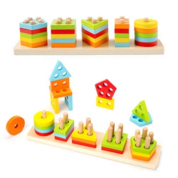 WOOD CITY Wooden Sorting & Stacking Toy for Toddlers 1 2 3