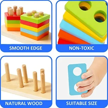 WOOD CITY Wooden Sorting & Stacking Toy for Toddlers 1 2 3