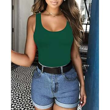 MANGOPOP Women's Scoop Neck Sleeveless Tank Top Bodysuit - Sexy Backless Ribbed Design (Deep Green, ...