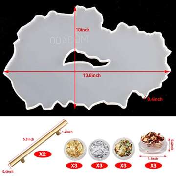 Hollow Resin Tray Molds, Silicone Geode Agate Tray Mold Including 1 Geode Platter Mold, 2 Metal Handles, 12 Boxes Gold Foil Flakes, Epoxy Resin Casting Molds for Making Faux Agate Tray, Serving Board