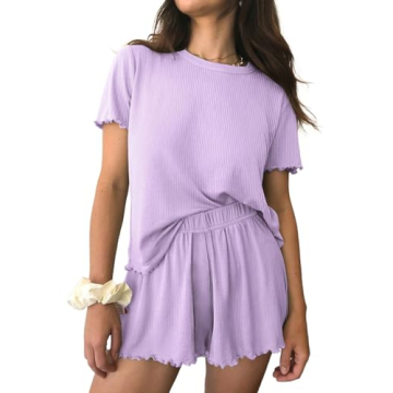 Ekouaer Women's Soft Ribbed Knit Pajama Set - Summer Sleepwear & Lounge