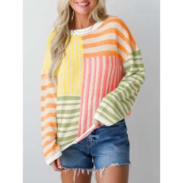 Saodimallsu Womens Striped Color Block Sweaters Crewneck Oversized Long Sleeve Loose Knit Colorful P...