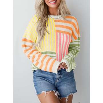 Saodimallsu Womens Striped Color Block Sweaters Crewneck Oversized Long Sleeve Loose Knit Colorful Pullover Sweater Orange