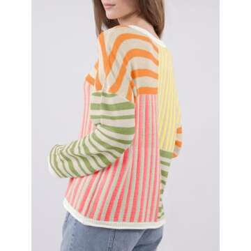 Saodimallsu Womens Striped Color Block Sweaters Crewneck Oversized Long Sleeve Loose Knit Colorful Pullover Sweater Orange