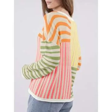 Saodimallsu Womens Striped Color Block Sweaters Crewneck Oversized Long Sleeve Loose Knit Colorful Pullover Sweater Orange
