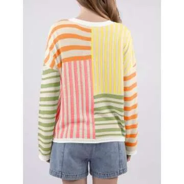 Saodimallsu Womens Striped Color Block Sweaters Crewneck Oversized Long Sleeve Loose Knit Colorful Pullover Sweater Orange