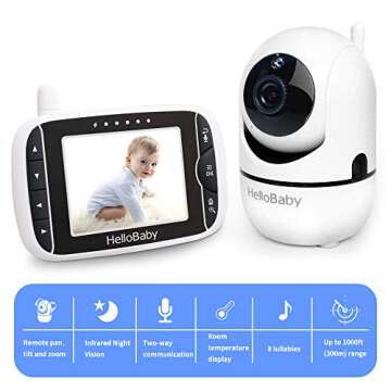 HelloBaby Video Baby Monitor with Remote Camera Pan-Tilt-Zoom, 3.2'' Color LCD Screen, Infrared Nigh...