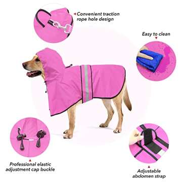 Ezierfy Reflective Dog Rain Coat - Waterproof Adjustable Pet Rain Jacket, Lightweight Dog Hooded Poncho Raincoat for Small to X- Large Dogs and Puppies (Pink, Large)