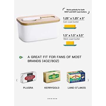 Sweese 324.101 Large Butter Dish with Knife - Airtight Butter Keeper Holds Up to 2 Sticks of Butter - Porcelain Container with Beech Wooden Lid, White