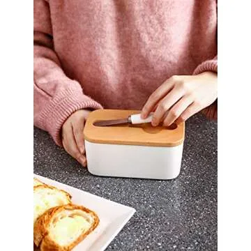 Sweese 324.101 Large Butter Dish with Knife - Airtight Butter Keeper Holds Up to 2 Sticks of Butter - Porcelain Container with Beech Wooden Lid, White
