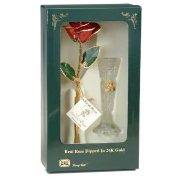 Living Gold Red 24k Gold Rose w/Crystal Vase Real Rose Dipped in Gold