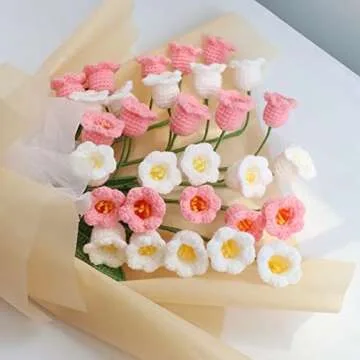 KEAIMEI Artificial Flowers,Knitting Crochet Flower Bouquet,Arrangement in Vase for Decoration Home Office Table Wedding,2PCS, White, 17.1 inch