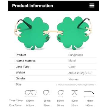 IKANOO St. Patrick's Day Irish Shamrock Sunglasses for Women Men Green Lucky Leprechaun Costume Fashion Rimless Glasses