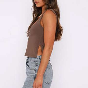 ABYOVRT Women Crop Tank Tops Thick Straps Square Neck Cami Y2k Slim Fit Sleeveless Going Out Tops Vest Club Streetwear (A-Brown,S)