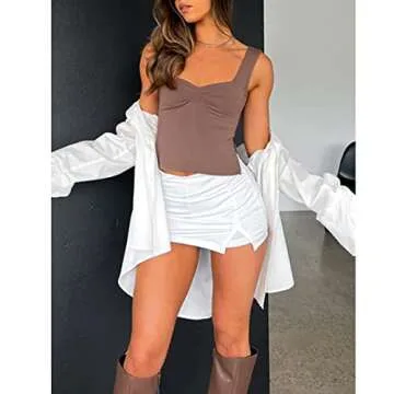 ABYOVRT Women Crop Tank Tops Thick Straps Square Neck Cami Y2k Slim Fit Sleeveless Going Out Tops Vest Club Streetwear (A-Brown,S)