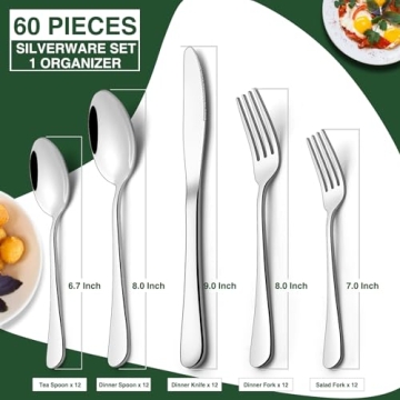Durable 60-Piece Silverware Set with Organizer for 12