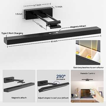 PESUTEN Picture Light Battery Operated, 16in Wireless Art Light for Paintings CCT Dimmable Recharging Battery Picture Light with Remote Control for Gallery Dartboard Art Bedroom Bathroom