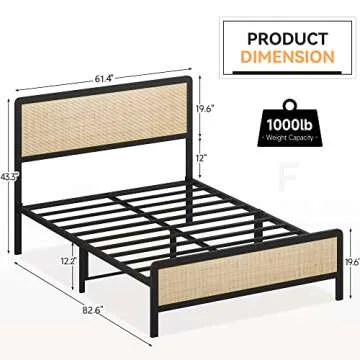 Amyove Queen Size Bed Frame with Natural Rattan Headboard, Bohemian Platform Bed Frame with Strong Metal Slats Support, Boho Cane/Mattress Foundation/No Box Spring Needed