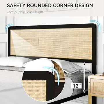 Amyove Queen Size Bed Frame with Natural Rattan Headboard, Bohemian Platform Bed Frame with Strong Metal Slats Support, Boho Cane/Mattress Foundation/No Box Spring Needed